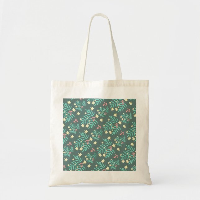 Pretty Botanical Leaves and Berries Blue Pattern Tote Bag (Front)