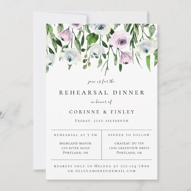 Pretty Botanical Mauve Floral Rehearsal Dinner Announcement (Front)
