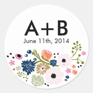 Pretty Bouquet Floral Wedding Circle Sticker Navy