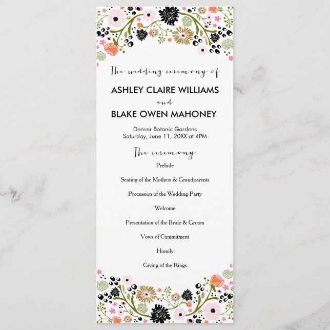 Pretty Bouquet Floral Wedding Program | Black (Front)