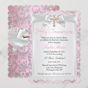 Pretty Bow Cross First Communion Pink Invitation