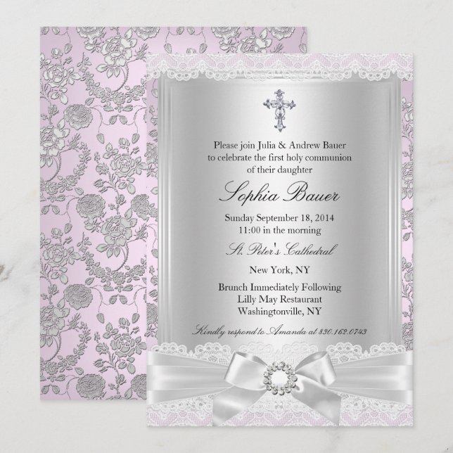 Pretty Bow Cross First Communion Purple Invitation (Front/Back)