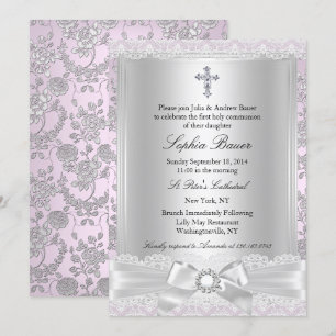 Pretty Bow Cross First Communion Purple Invitation