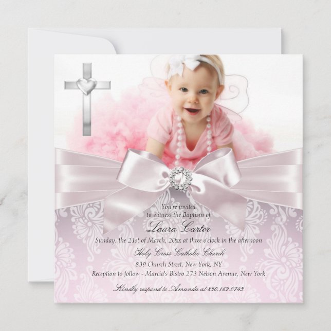 Pretty Bow & Cross Photo Pink Baptism/Christening Invitation (Front)