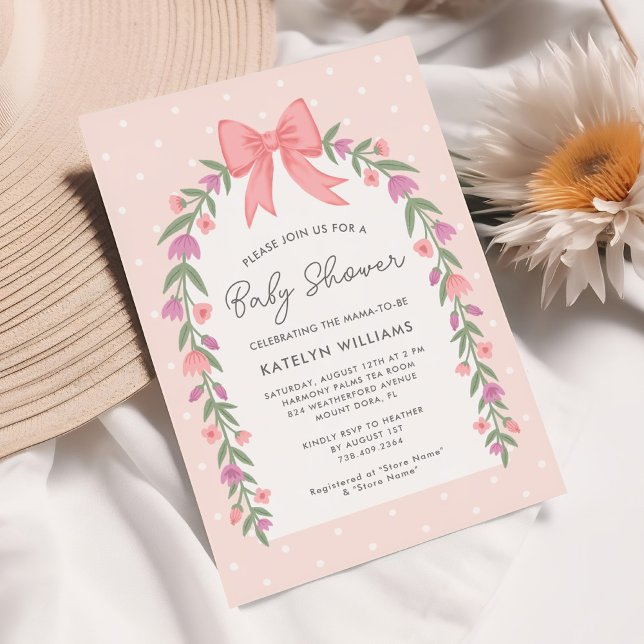 Pretty Bow Floral Baby Shower Pink Invitation (Creator Uploaded)