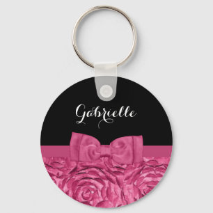 Pretty Bow Pink and Black Rose Pattern With Name Keychain