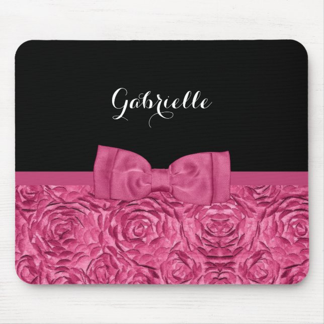 Pretty Bow Pink and Black Rose Pattern With Name Mouse Pad (Front)