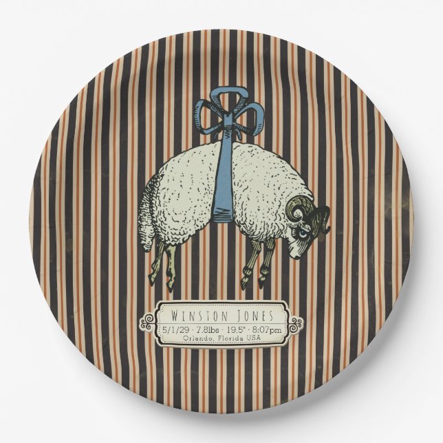 Pretty Bow Sheep™ Collection - Birth Info / 9" Paper Plate (Front)