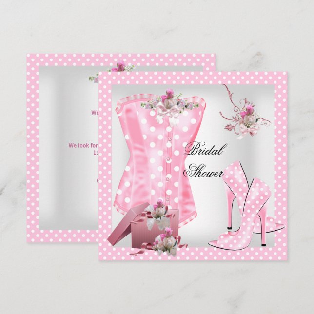 Pretty Bridal Shower White Pink Corset Polka Dots Invitation (Front/Back)