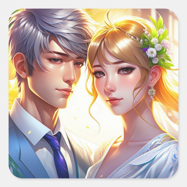 Pretty Bride and Handsome Groom Anime Couple Square Sticker (Front)