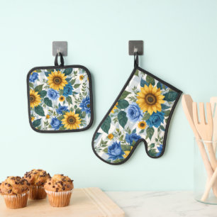 PRETTY BRIGHT BLUE WHITE YELLOW SPRING FLOWERS OVEN MITT & POT HOLDER SET