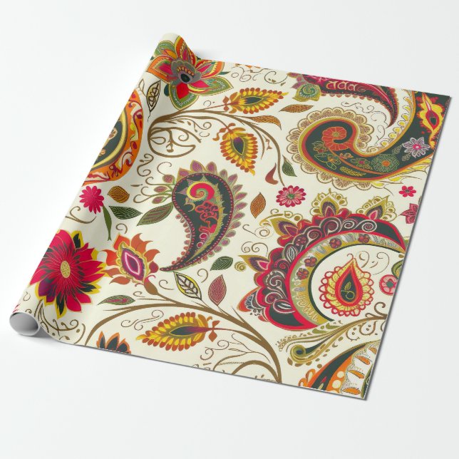 Pretty Bright Colourful Floral  Paisley Pattern  Wrapping Paper (Unrolled)