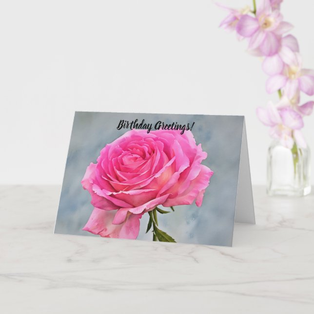 Pretty Bright Pink Rose Close Up Birthday Art Card (Orchid)