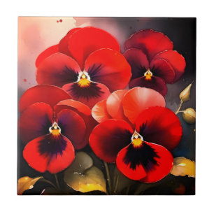 Pretty bright red pansies watercolor painting tile