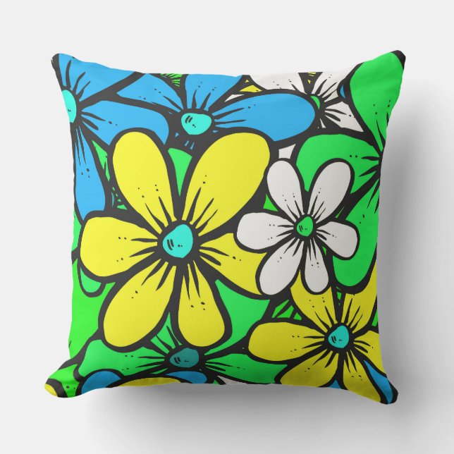 Pretty Bright Summer Flowers Blue Yellow and Green Throw Pillow (Front)