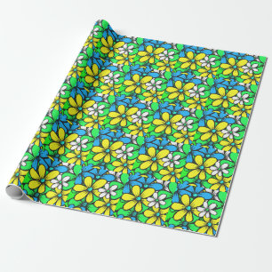 Pretty Bright Summer Flowers Blue Yellow and Green Wrapping Paper