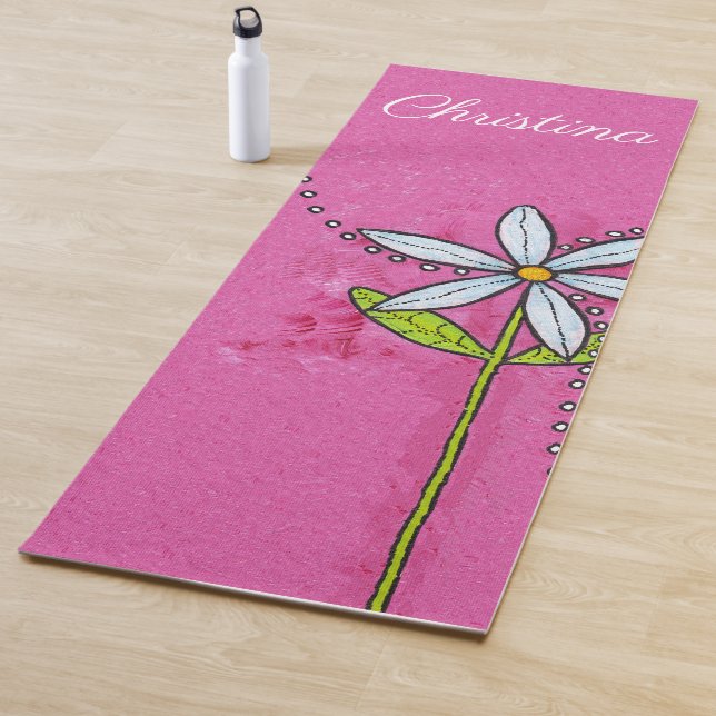 Pretty Bright White Daisy Green Leaves Stem Pink Yoga Mat (In Situ)