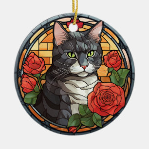 PRETTY BRIGHTLY COLORED STAINED GLASS CAT FACE CERAMIC ORNAMENT