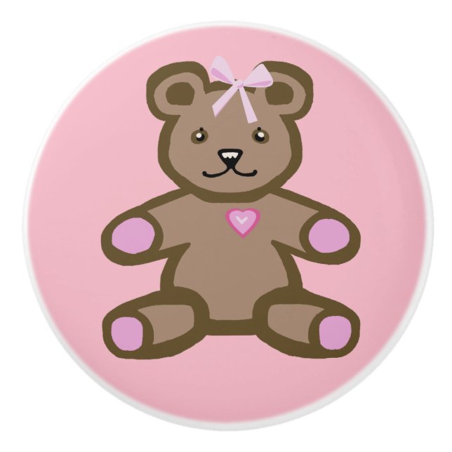 Pretty brown and pink girl baby teddy bear ceramic knob (Front)