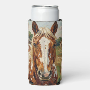 Pretty Brown and White Horse on a Rustic Farm Seltzer Can Cooler