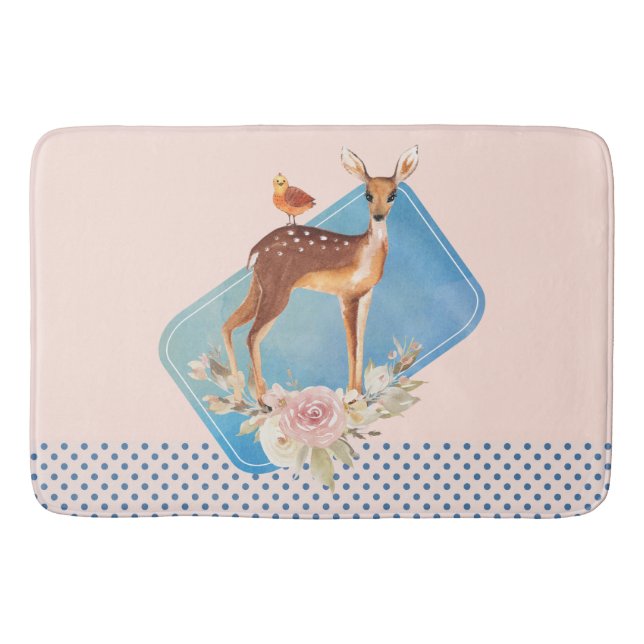 Pretty Brown Fawn with Bird and Roses Bath Mat (Front)