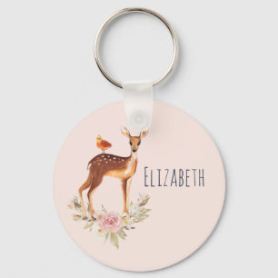 Pretty Brown Fawn with Bird and Roses Keychain