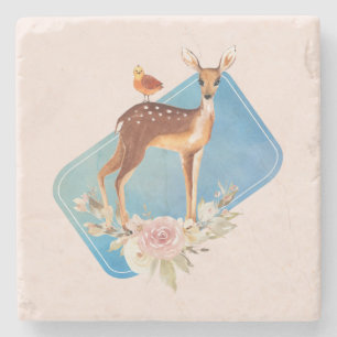 Pretty Brown Fawn with Bird and Roses Stone Coaster