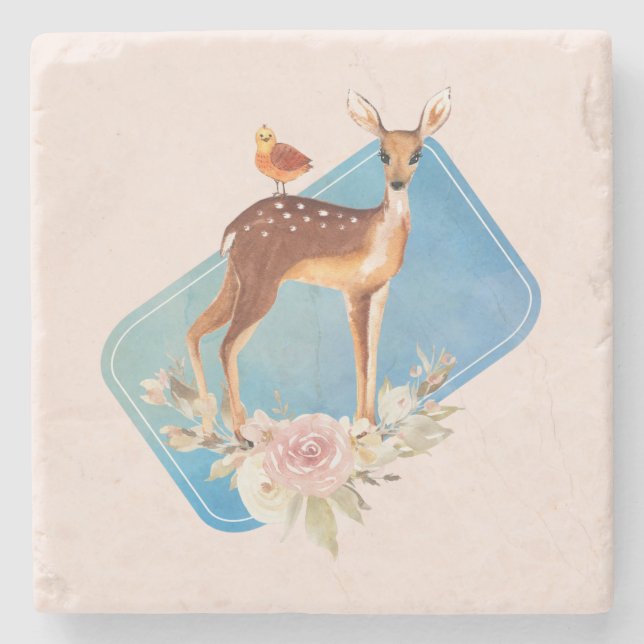 Pretty Brown Fawn with Bird and Roses Stone Coaster (Front)
