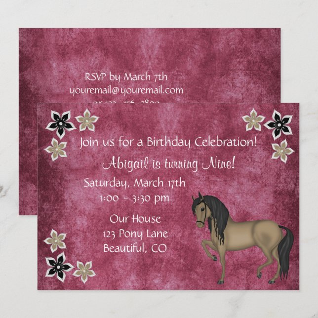 Pretty Brown Horse and Flowers Birthday Invitation (Front/Back)