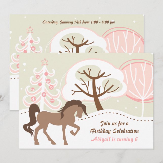 Pretty Brown Horse Pink Winter Birthday Invitation (Front/Back)