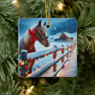 Pretty Brown Horse with Bow Christmas Personalized Ceramic Ornament