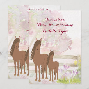Pretty Brown Horses and Flowers Baby Shower Invite