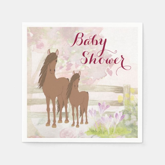 Pretty Brown Horses and Flowers Baby Shower Napkin (Front)
