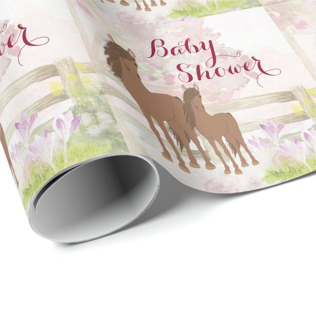 Pretty Brown Horses and Flowers Baby Shower Wrapping Paper (Roll Corner)