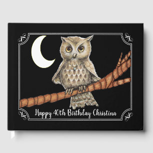 Pretty Brown Owl Blue Necklace Moon White Frame Guest Book