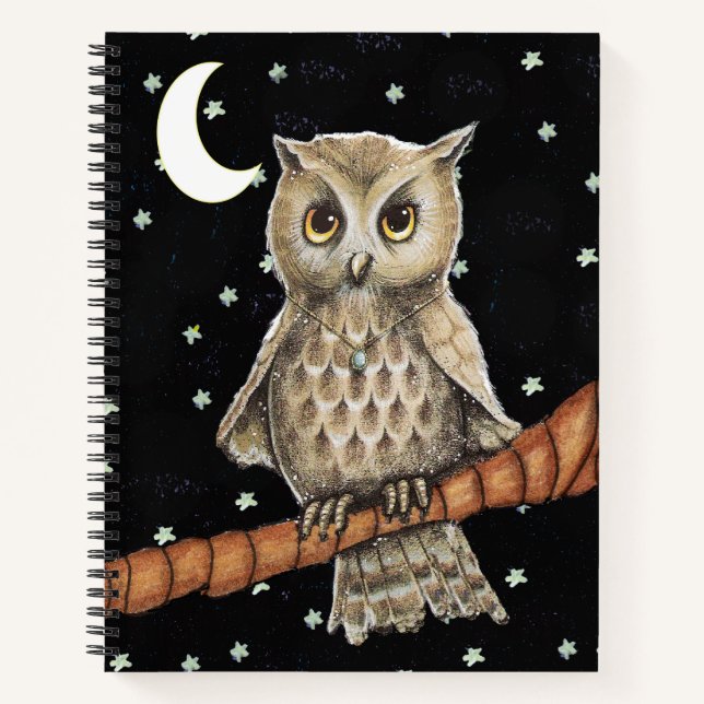 Pretty Brown Owl Branch Blue Necklace Stars Moon Notebook (Front)