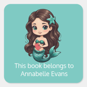 Pretty Brunette Mermaid Bookplate Sticker