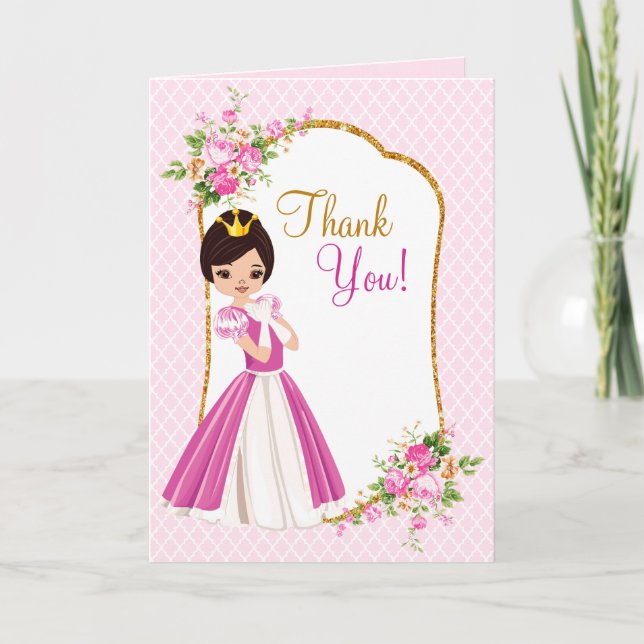 Pretty Brunette Princess Birthday Thank You Card (Front)