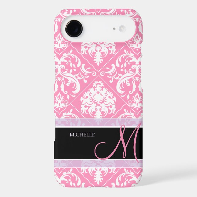 Pretty Bubblegum Pink and white damask w/ monogram Case-Mate iPhone Case (Back)