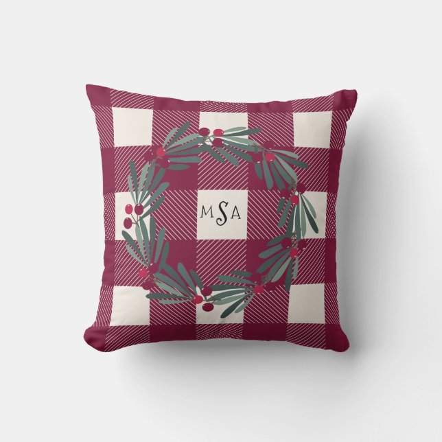 Pretty Buffalo Check Monogram Red Pretty Girly Throw Pillow (Front)