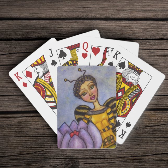 Pretty Bumble Bee Fairy Purple Flower Playing Cards (Pretty black yellow bumble bee fairy sitting on purple flowers on mix blues yellow deck playing card)