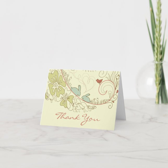 Pretty Bunny Rabbits, Flowers and Hearts Thank You Card (Front)