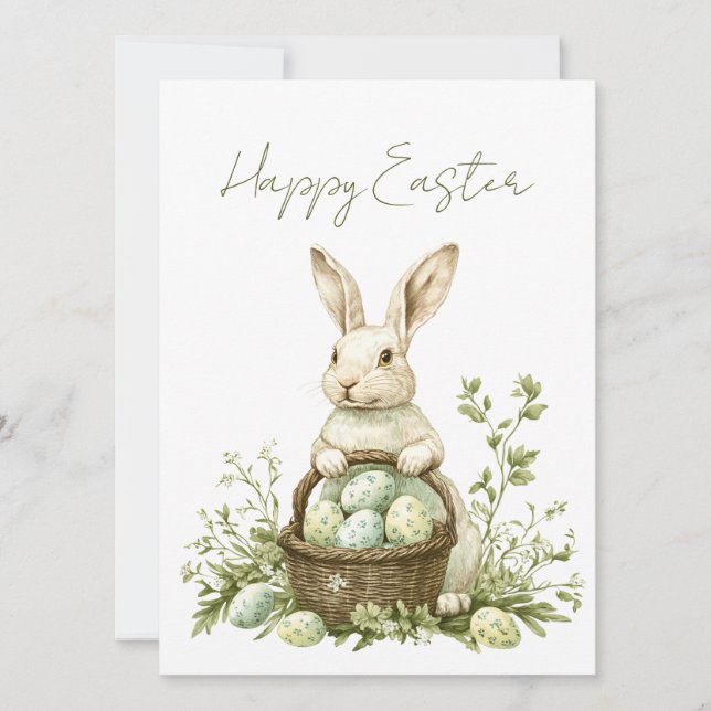 Pretty Bunny Watercolor Floral Easter  Holiday Card (Front)