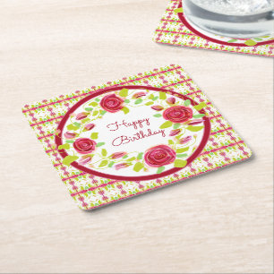 Pretty Burgundy and Pink Floral Designed Square Paper Coaster