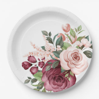 Pretty Burgundy and Pink Watercolor Flowers Paper Plate