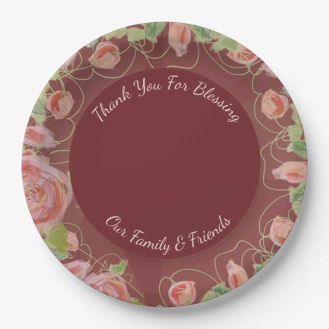 Pretty Burgundy Floral  Paper Plate (Front)