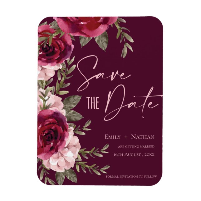 Pretty Burgundy Peach Floral Wedding Save the Date Magnet (Vertical)
