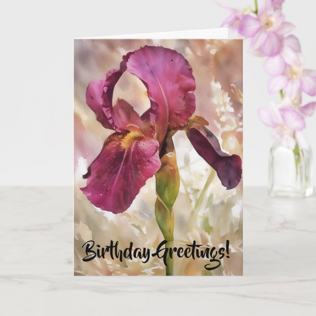 Pretty Burgundy Pink Iris Flower Art Birthday Card (Orchid)