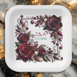 Pretty Burgundy Roses Floral Monogrammed Paper Plate
