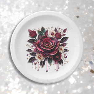 Pretty Burgundy Roses Floral Paper Plate